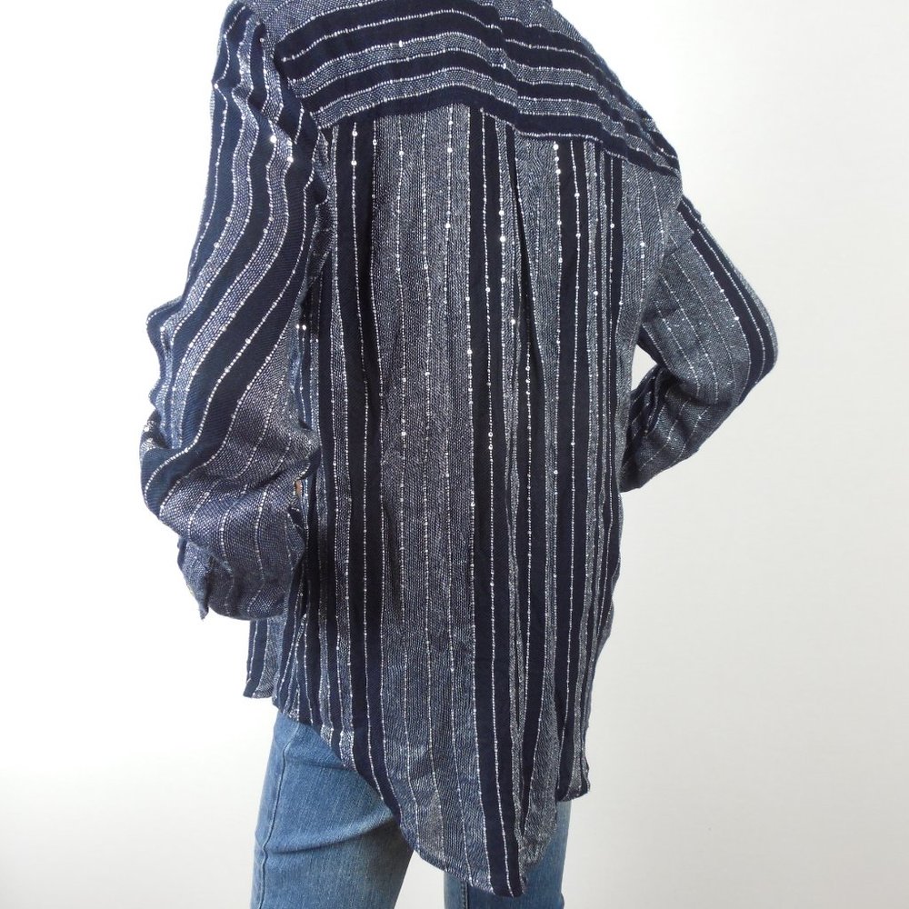 STYLE & CO Top L Navy Blue Striped Button Down Blouse Sequin Detail Party Shirt - Picture 11 of 13